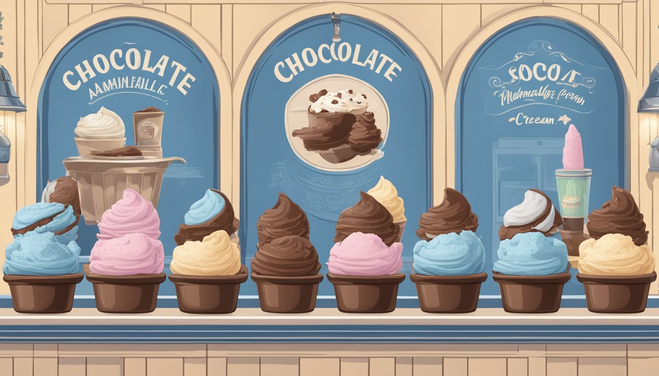 A scoop of chocolate almond marshmallow ice cream surrounded by 10 other Blue Bell flavors in a vintage ice cream parlor setting