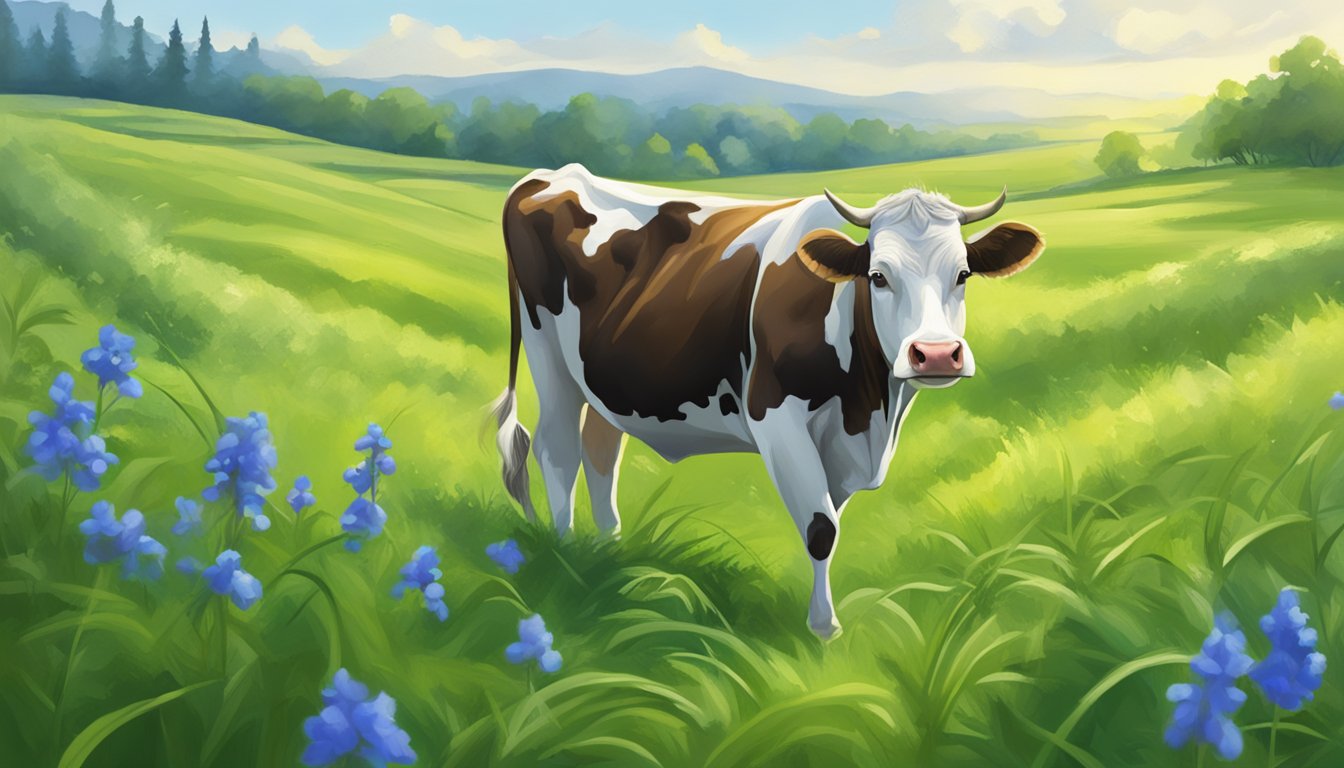 A cow grazing in a lush green field with a small blue bell around its neck