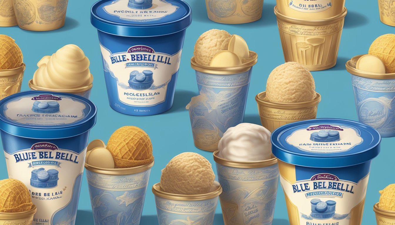 A colorful display of vintage Blue Bell ice cream flavors arranged in a nostalgic setting, evoking a sense of longing for the beloved flavors of the past