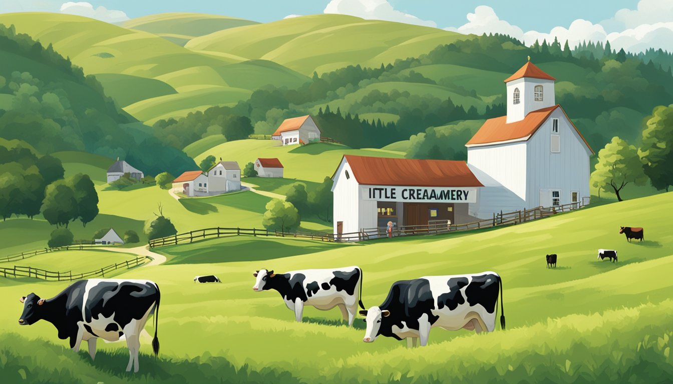 A quaint creamery nestled in a lush green valley, surrounded by contented cows grazing on the grassy hills. A sign proudly displays "The Little Creamery" in bold letters