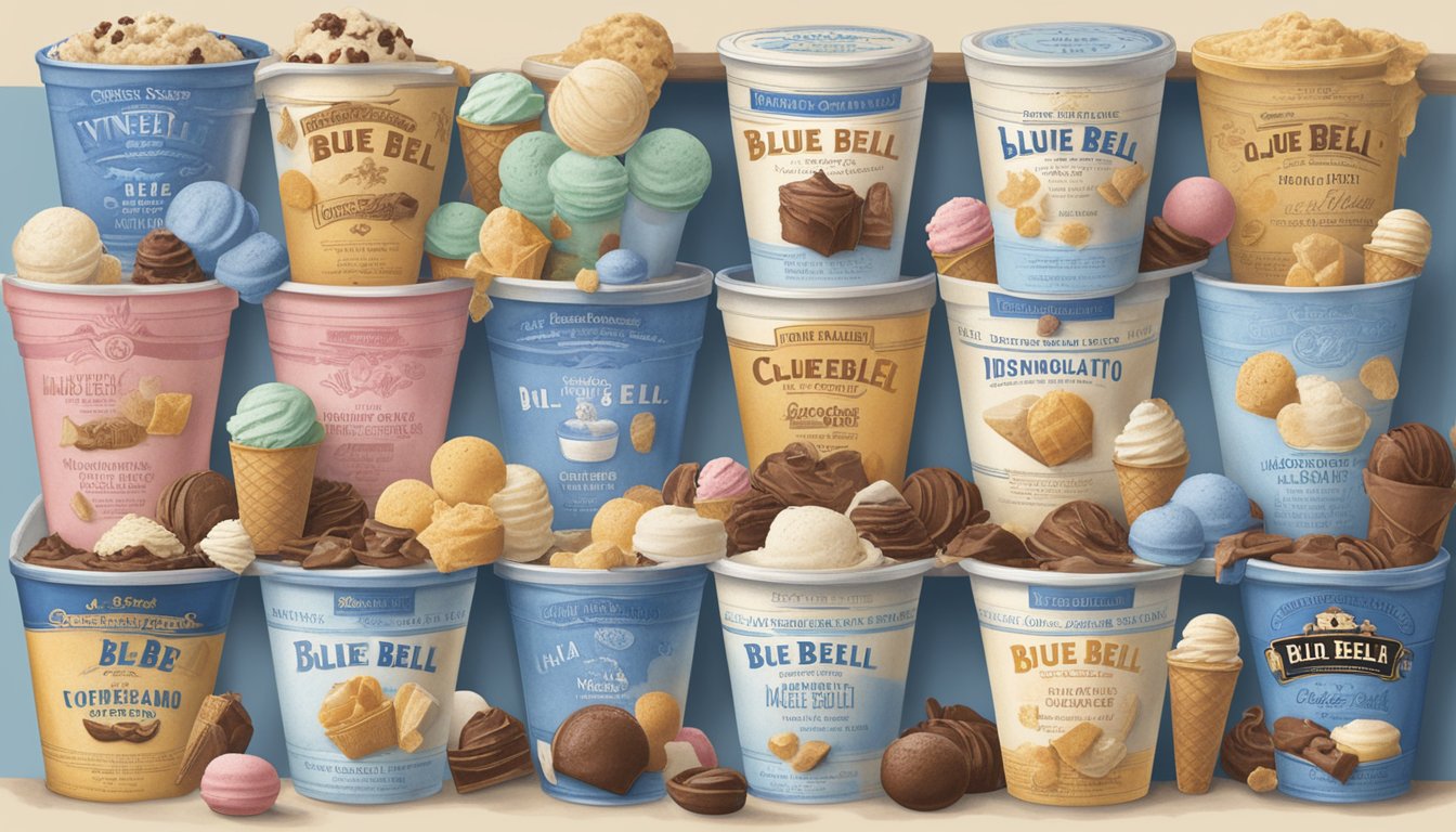 A colorful display of vintage Blue Bell ice cream flavors, surrounded by nostalgic memorabilia and a list of factors influencing flavor discontinuation