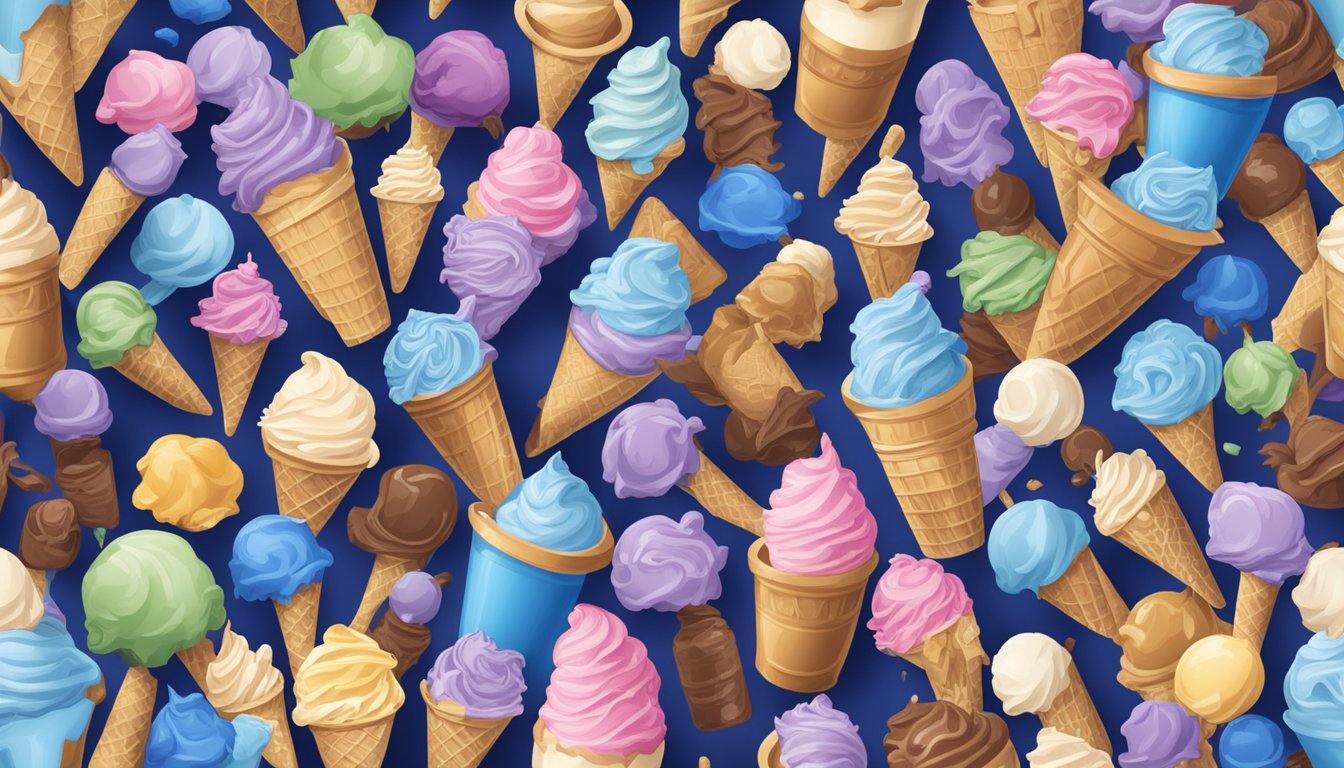 A colorful display of various Blue Bell ice cream flavors, including unique limited-edition options, surrounded by surprised and delighted fans