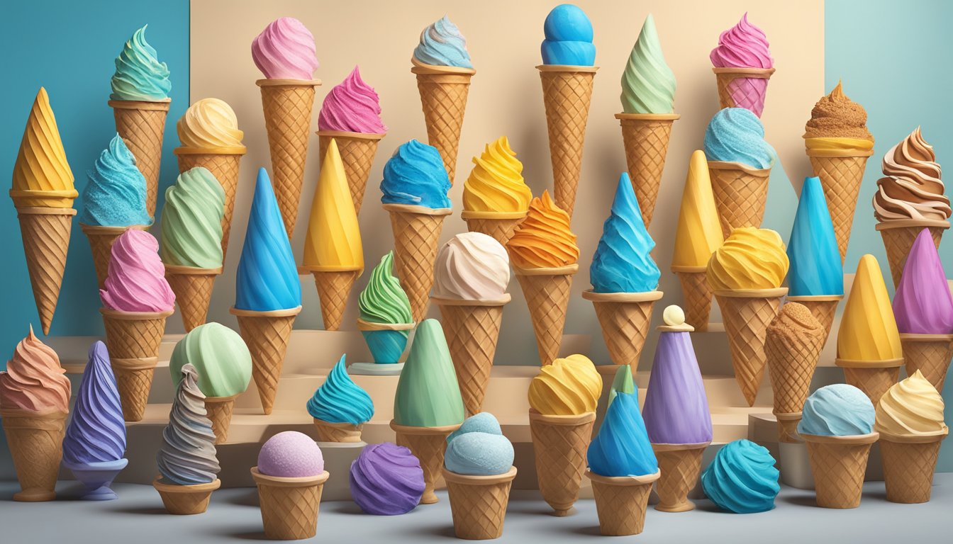 A colorful array of ice cream cone sculptures displayed in an art gallery, each one inspired by the iconic Blue Bell ice cream flavors