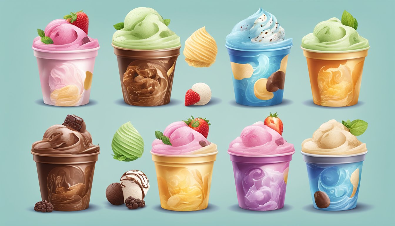 A colorful display of eight different reduced-fat ice cream flavors, surrounded by various health-conscious symbols and imagery