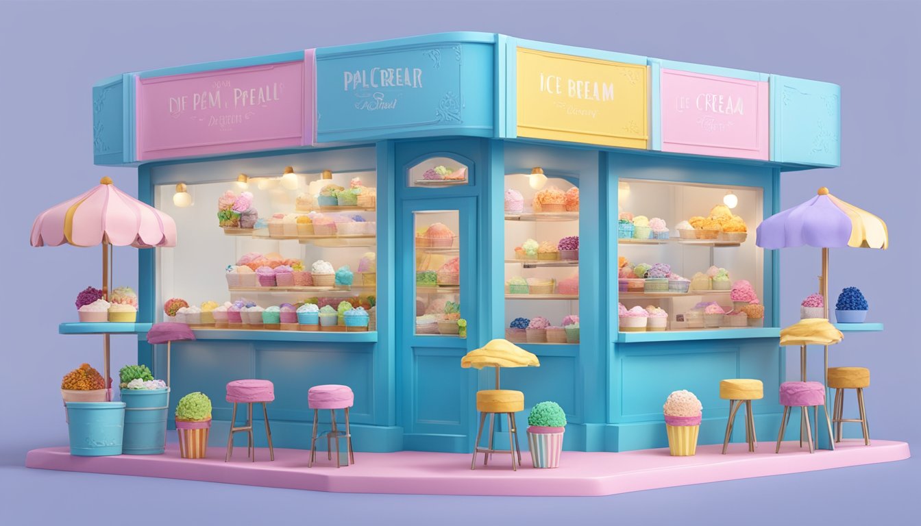 A colorful DIY ice cream parlour model with various blue bell-inspired art projects displayed around it