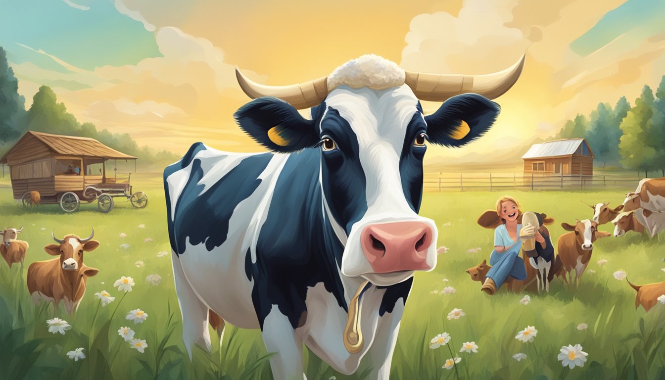 A cow standing on a grassy field with a tin roof ice cream cone in its mouth, surrounded by a group of smiling people