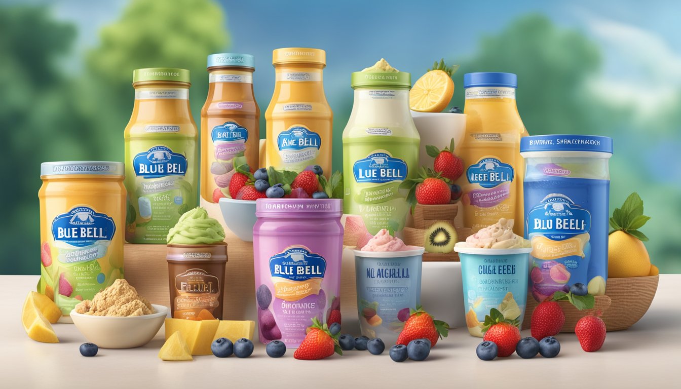 A colorful display of various Blue Bell ice cream products, surrounded by fresh fruits and natural sweeteners, with a prominent "No Sugar Added" label