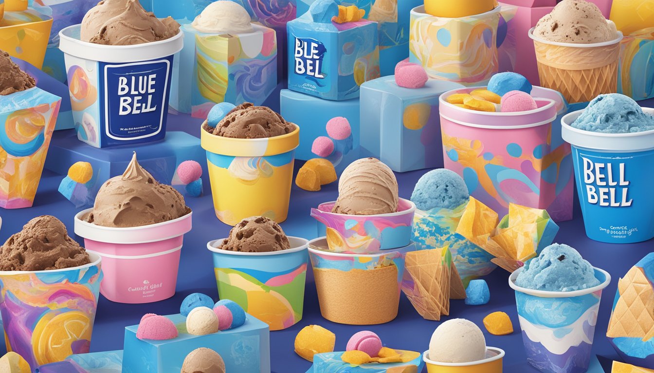 A colorful array of Blue Bell ice cream cartons surrounded by various art projects inspired by the brand, set against a backdrop of playful and vibrant designs