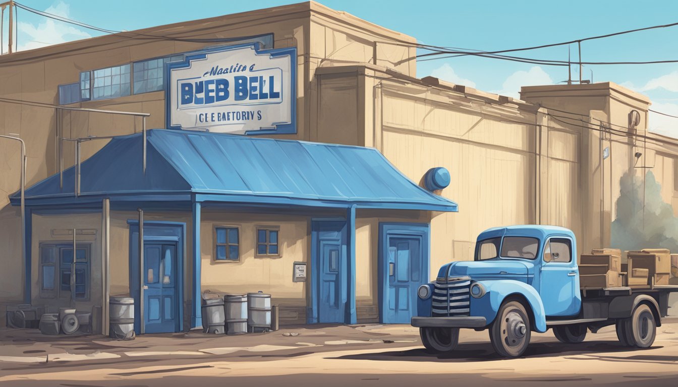 A deserted Blue Bell ice cream factory with halted production and abandoned machinery, surrounded by empty trucks and a closed sign on the entrance gate