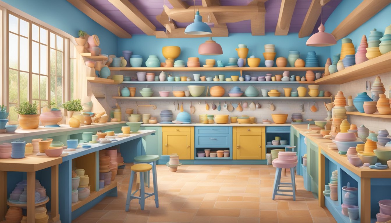 A colorful pottery studio filled with ice cream-themed ceramic pieces, including bowls, spoons, and decorative sculptures inspired by Blue Bell ice cream flavors