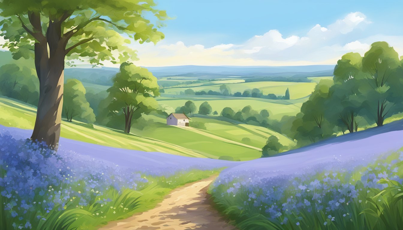 A serene countryside landscape with a picturesque bluebell field in full bloom, surrounded by lush greenery and a clear blue sky above