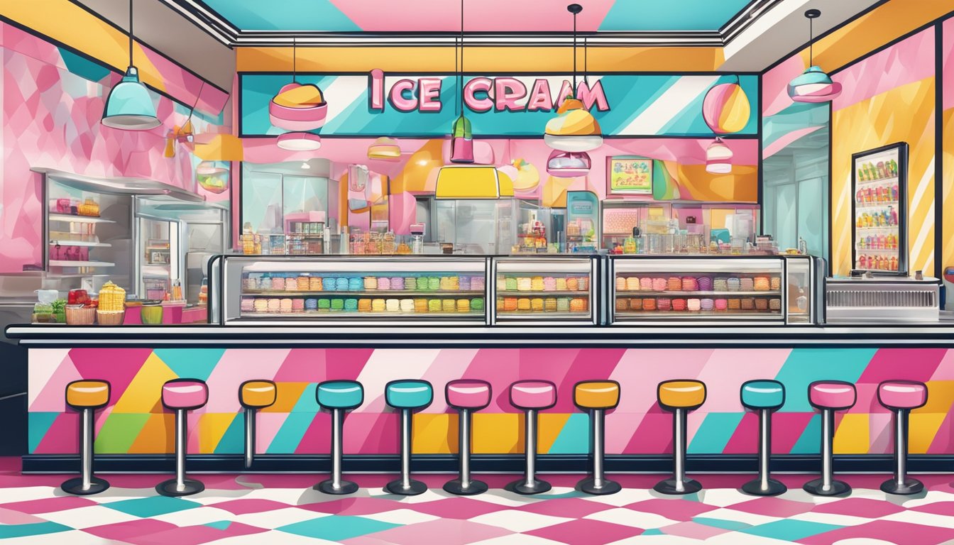 A colorful ice cream parlor with retro decor and a display of pop art-inspired ice cream prints on the walls