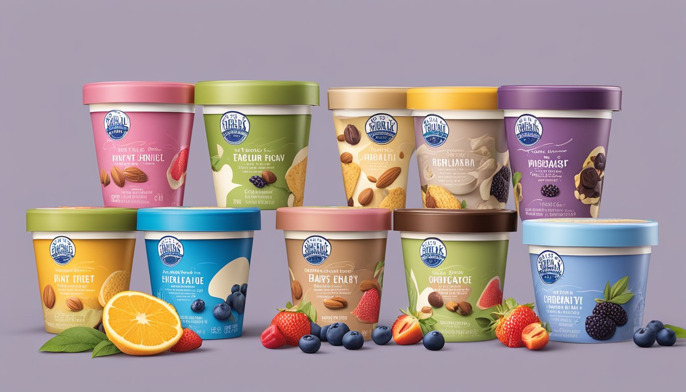 A colorful display of eight dairy-free Blue Bell ice cream selections, surrounded by fresh fruits and nuts, with a focus on health-conscious packaging