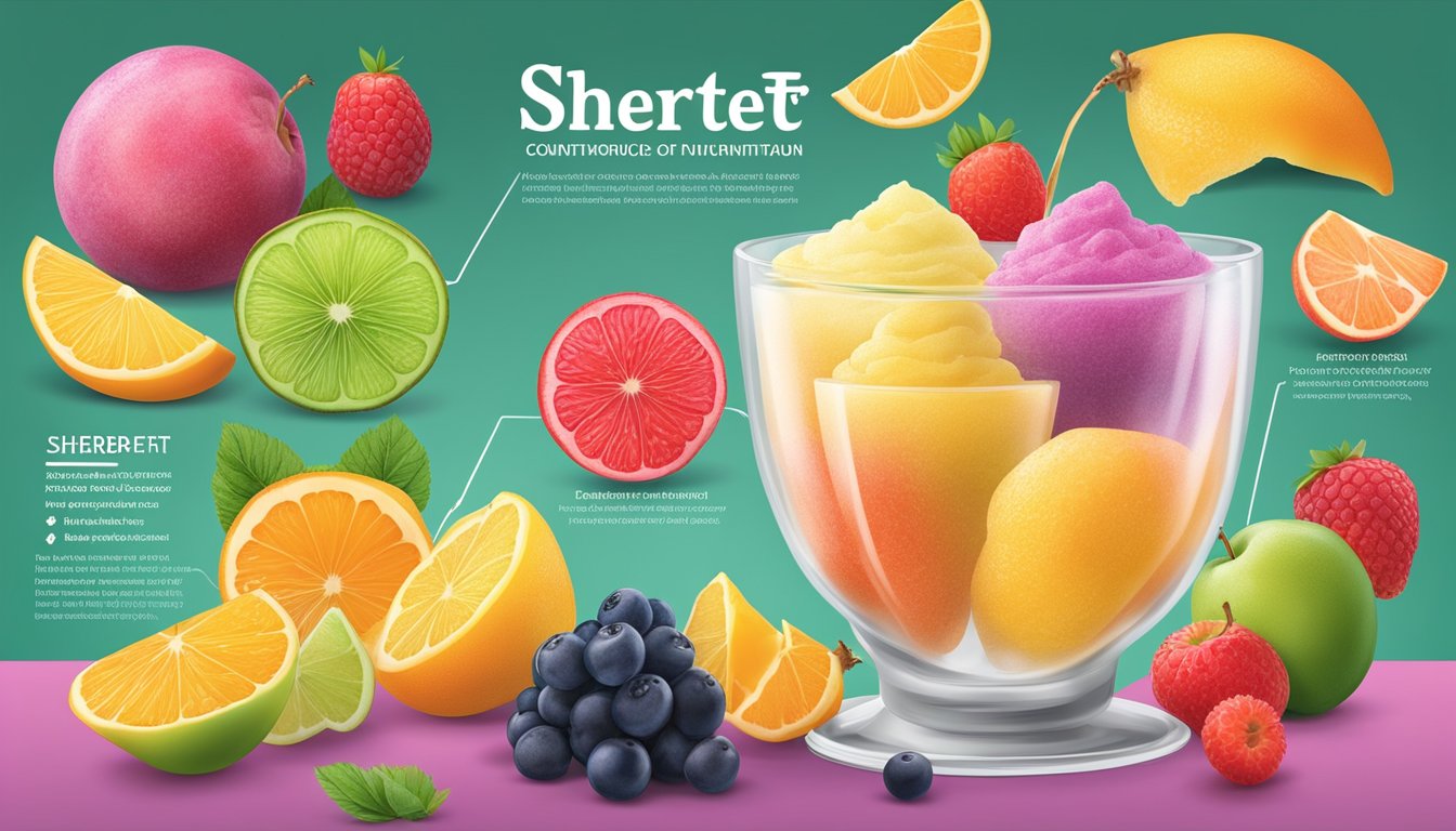 A colorful display of eight different sherbet flavors, surrounded by fresh fruit and nutritional information