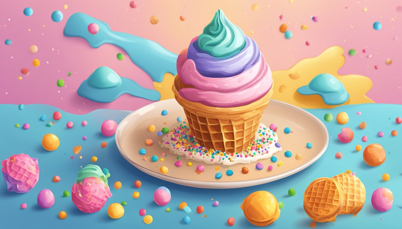 A melting ice cream cone on a hot summer day, surrounded by colorful sprinkles and a waffle cone