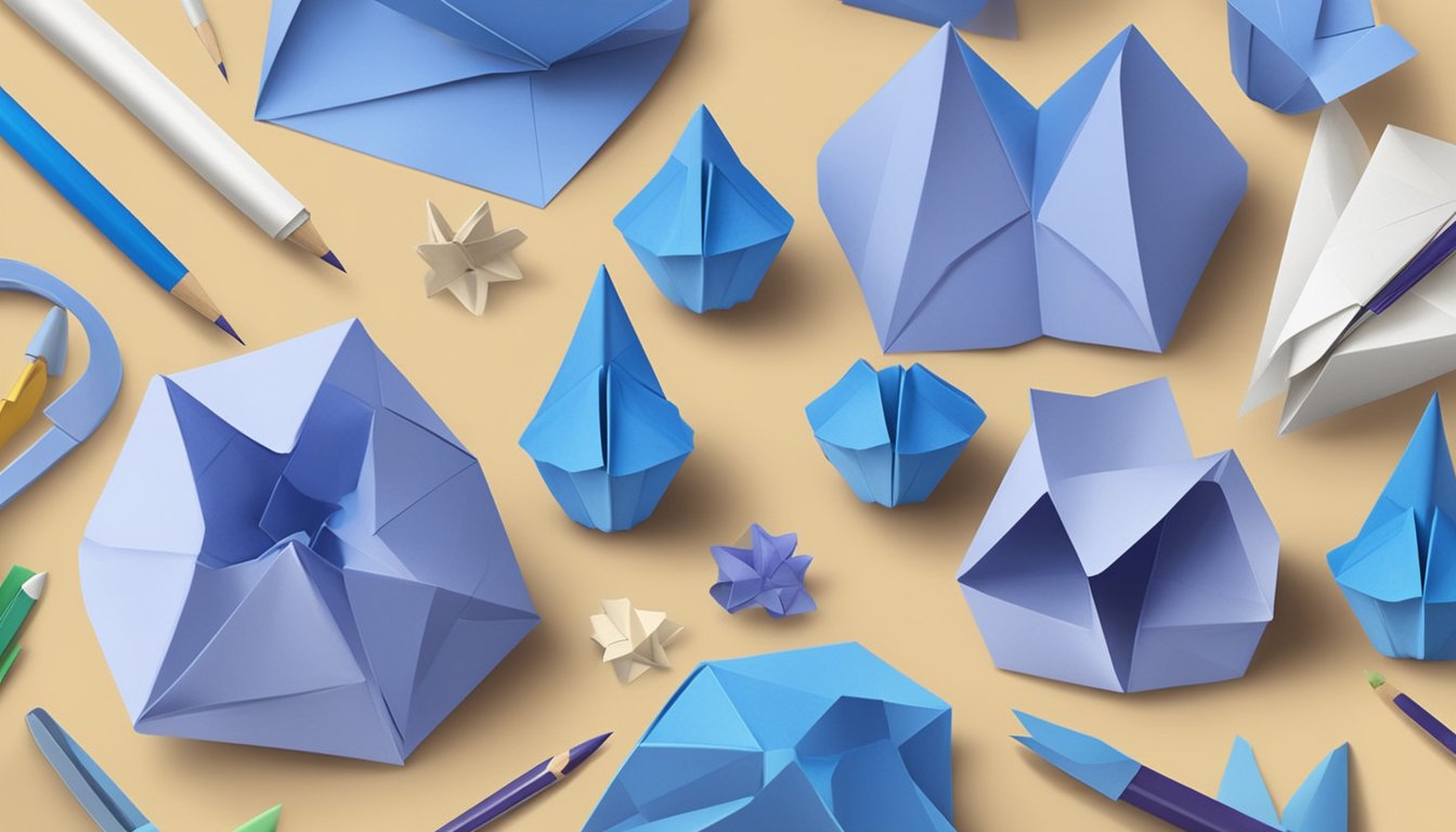 A table covered in blue bell-themed origami and art supplies