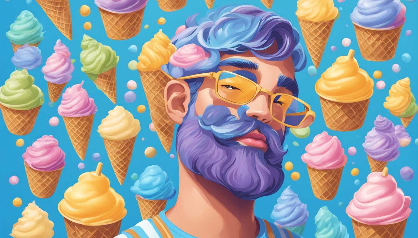 A person surrounded by various Blue Bell ice cream flavors, with a dreamy expression on their face as they indulge in the sweet treats