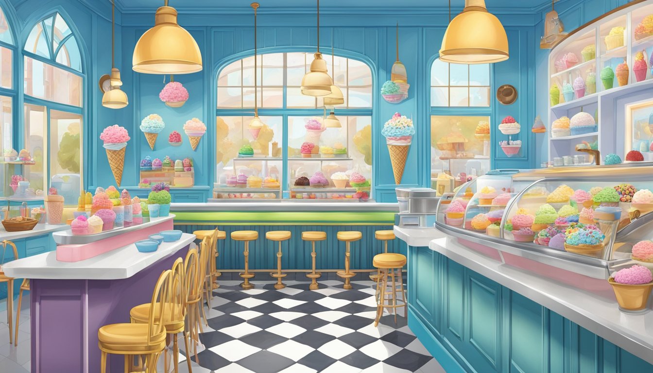 A colorful ice cream parlor with whimsical Blue Bell-inspired art on the walls, featuring nine different art projects for ice cream lovers