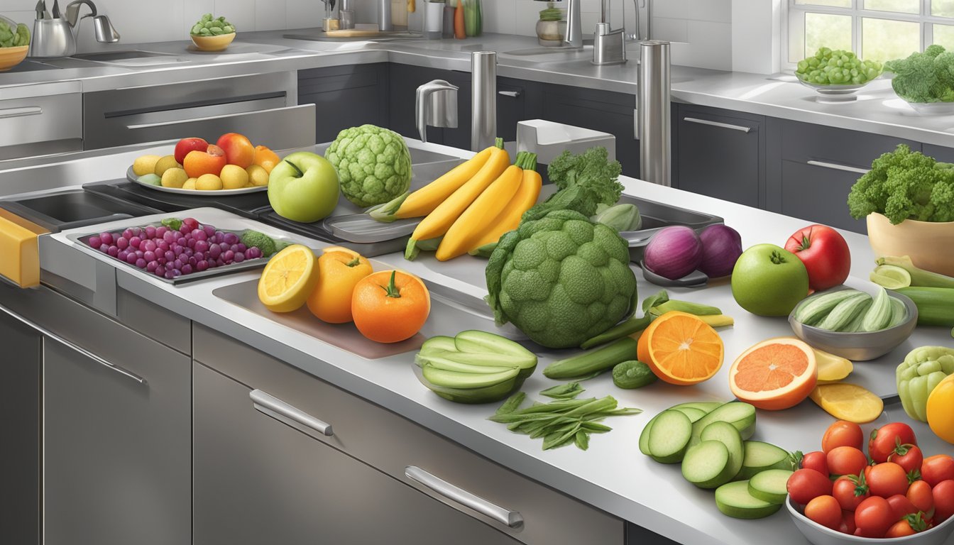 A colorful array of fresh fruits and vegetables being chopped, mixed, and cooked in a modern kitchen, with a focus on health-conscious ingredients and cooking techniques