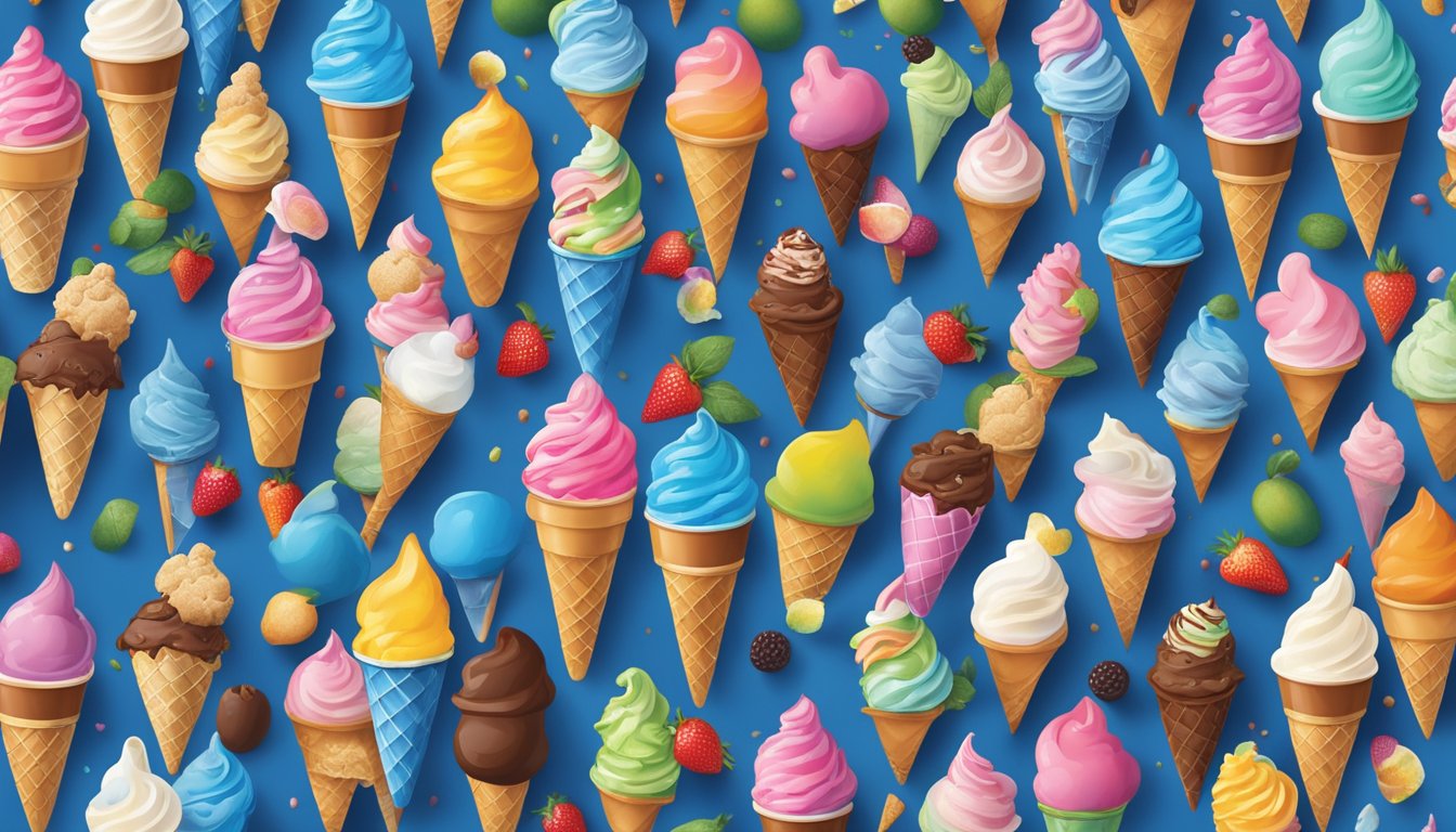 A colorful array of ice cream-themed art projects, featuring various Blue Bell ice cream flavors and toppings, displayed on a vibrant backdrop