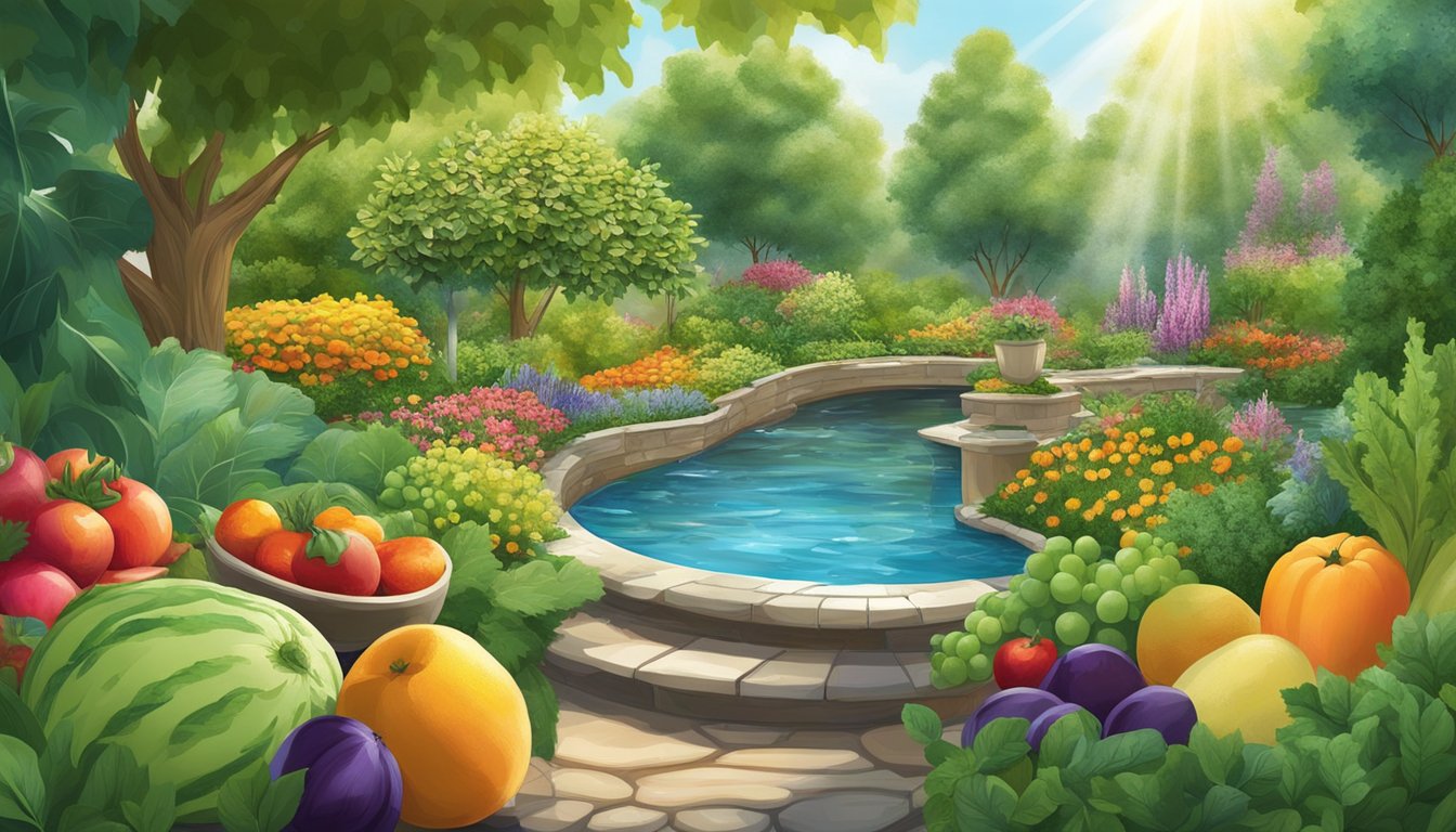 A lush garden with a variety of fresh fruits, vegetables, and herbs arranged in a colorful display, surrounded by natural elements such as flowing water and sunlight