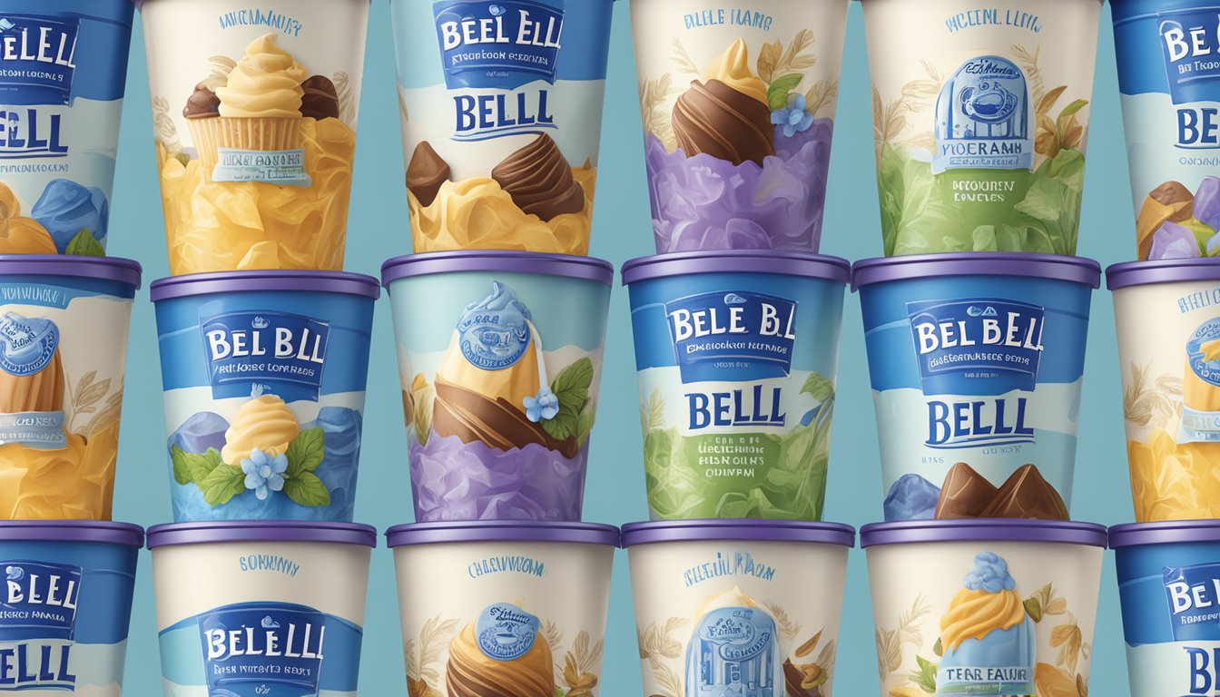 A colorful array of Blue Bell ice cream cartons, each featuring a different seasonal flavor, arranged in a neat display