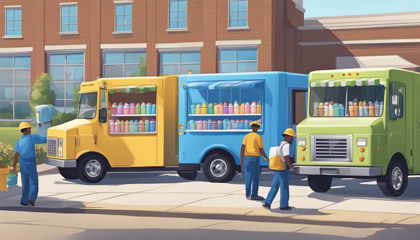 A line of Blue Bell ice cream trucks parked outside the factory, with workers unloading crates of freshly made ice cream