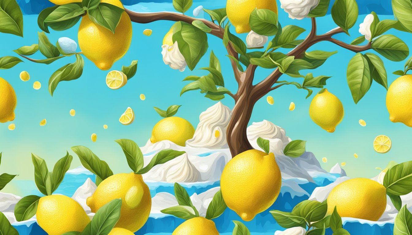 A lemon tree surrounded by melting ice cream, with a bright blue sky and a playful, whimsical atmosphere