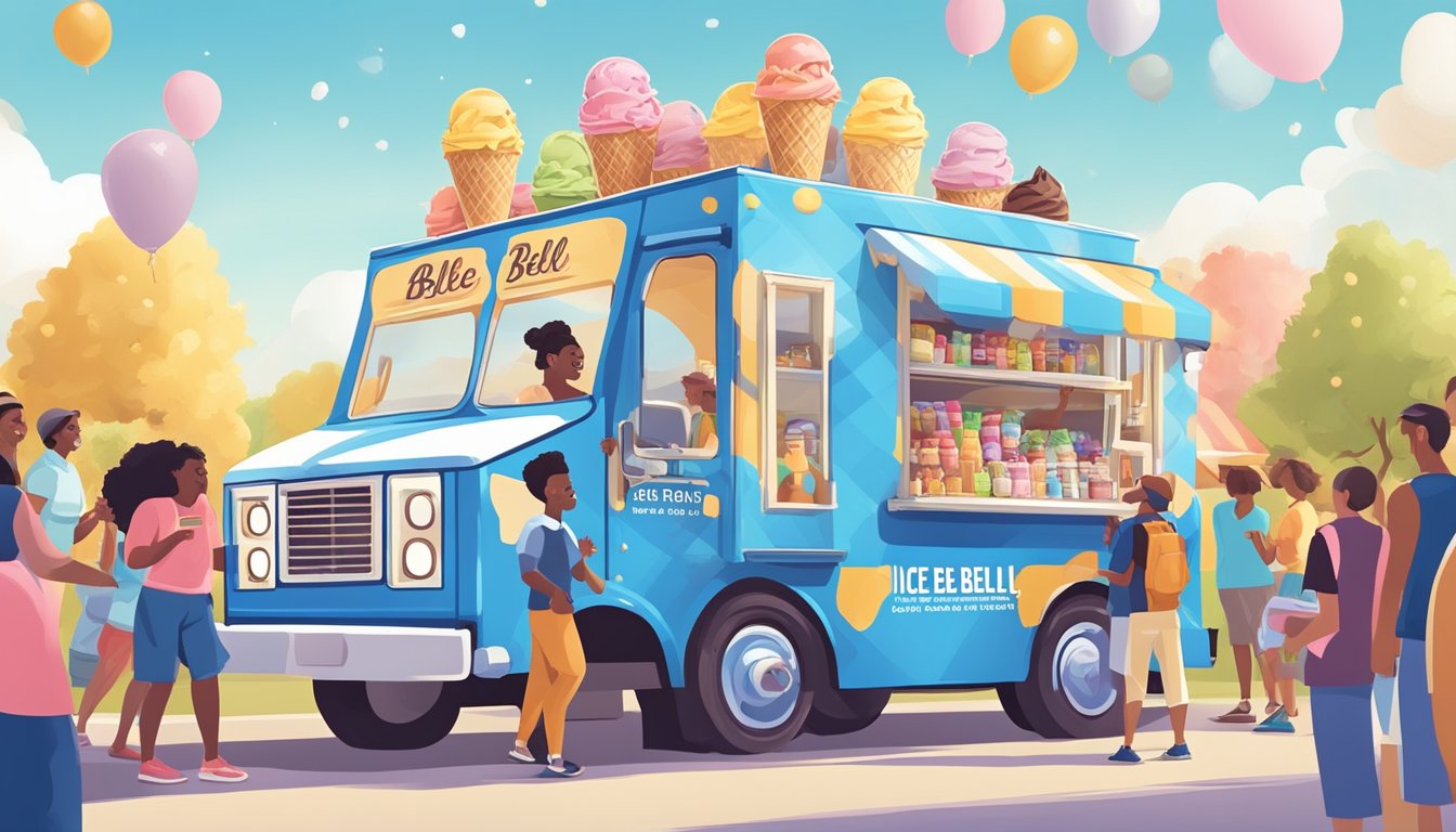 A colorful ice cream truck surrounded by excited customers, handing out free pints of Blue Bell ice cream on a sunny National Ice Cream Day