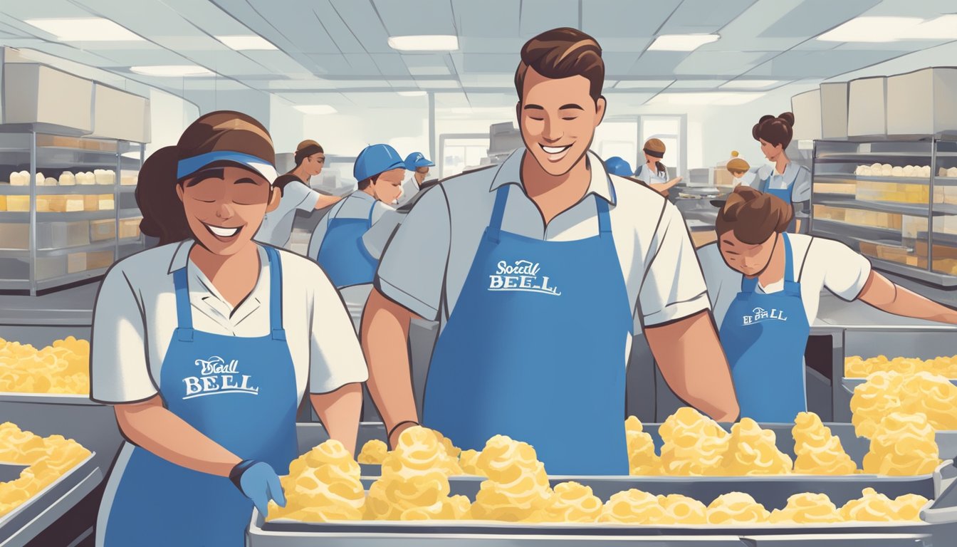 Blue Bell Creameries' social media takeover scene: workers packaging ice cream, colorful tubs on conveyor belt, logo prominently displayed, happy employees in the background