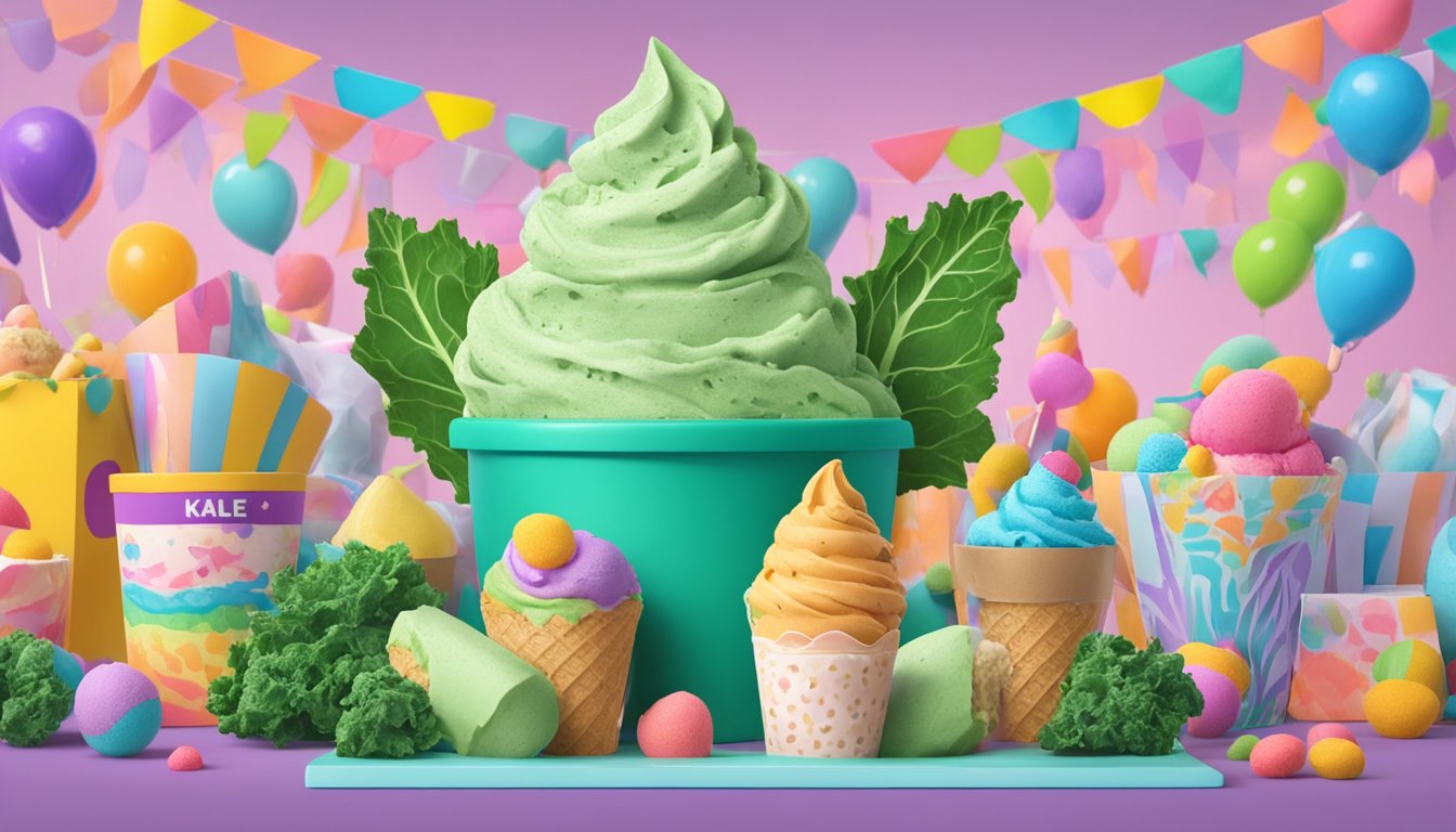 A carton of kale ice cream sits on a colorful display surrounded by playful April Fools' Day decorations. Laughter and surprise fill the air as people react to the announcement