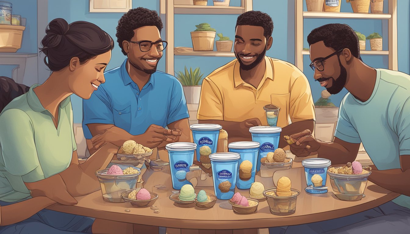 A group of people gathered around a table filled with various flavors of Blue Bell ice cream, eagerly tasting and discussing their favorite flavors