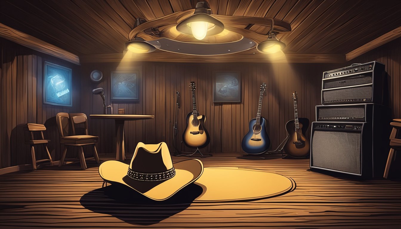 A lone cowboy hat rests on a wooden stage, surrounded by guitars and a microphone, under a spotlight in a dimly lit honky-tonk bar