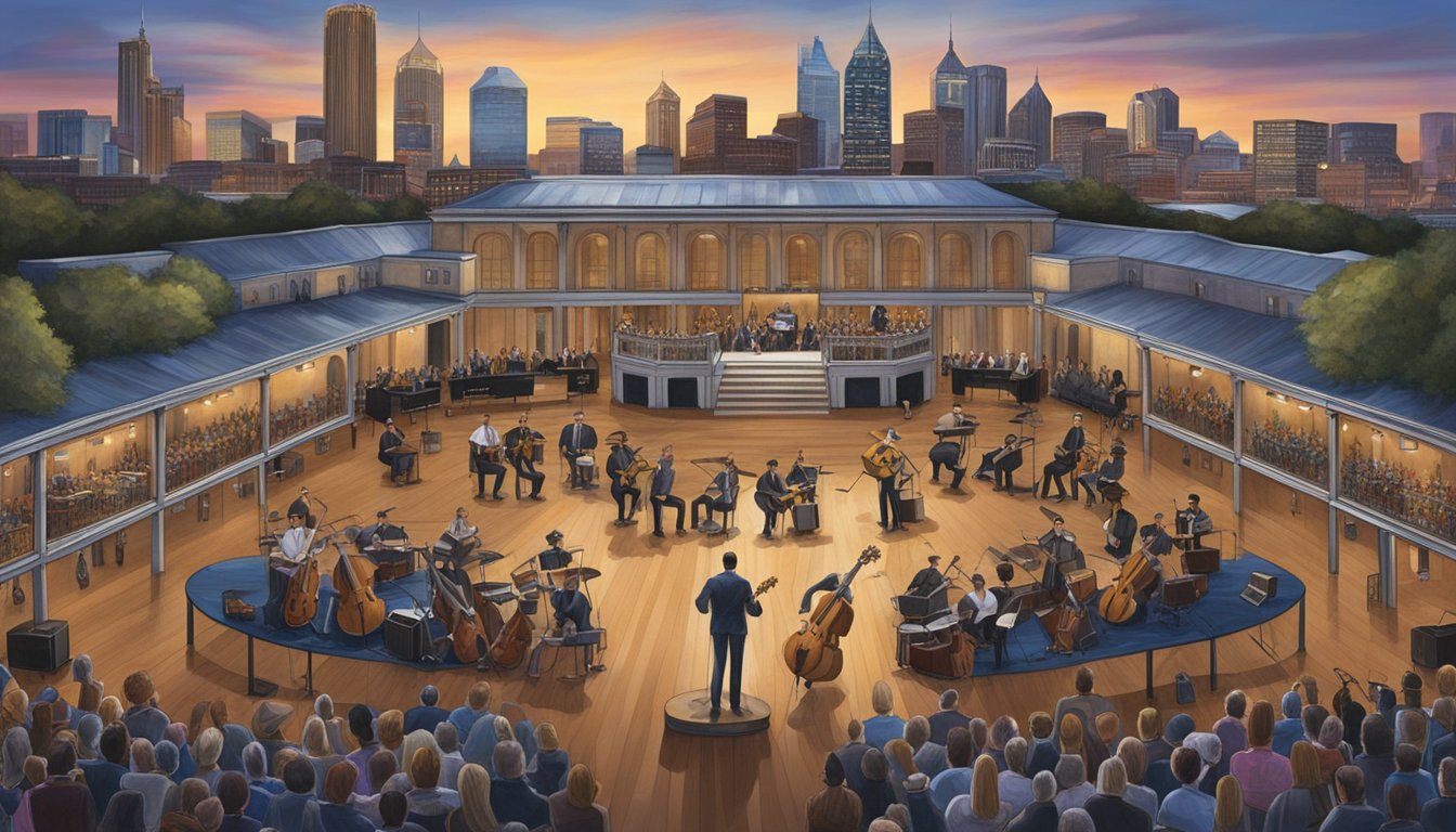 A grand, opulent court filled with musicians and instruments, with George Strait's presence looming over Nashville's skyline