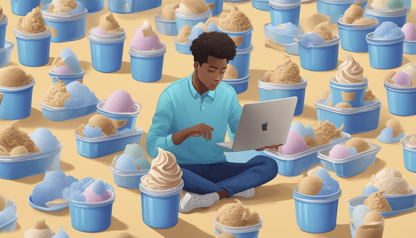 A person surrounded by empty Blue Bell ice cream containers, scrolling through social media on multiple devices