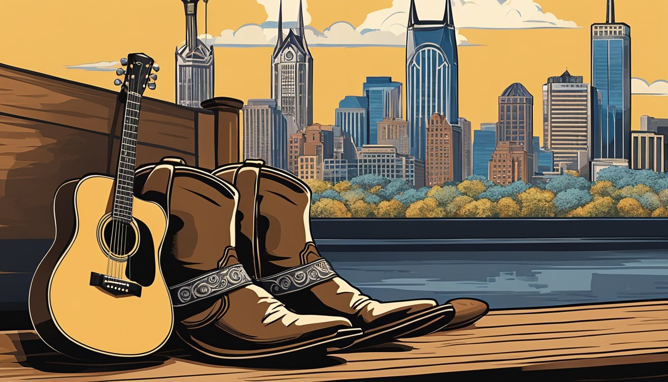 A cowboy hat resting on a guitar, surrounded by cowboy boots and a microphone on a stage with a backdrop of a Nashville skyline