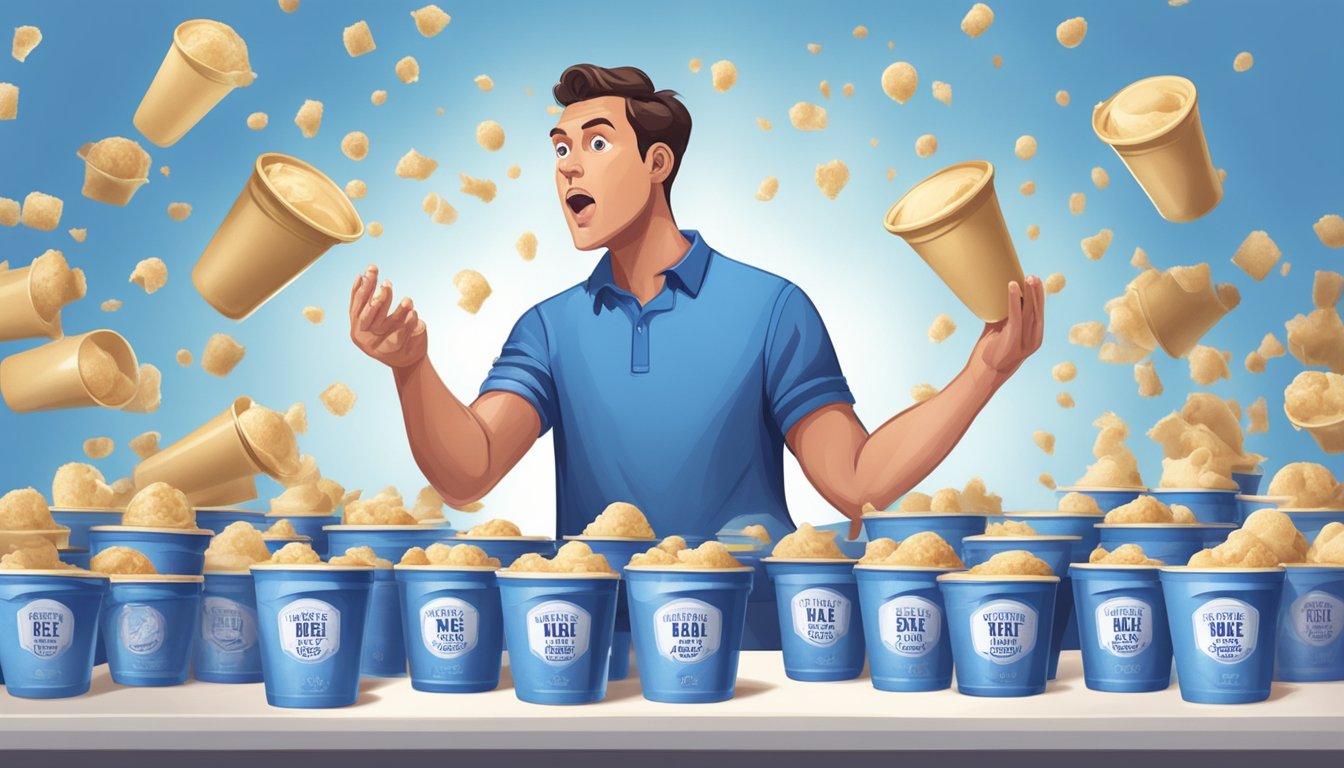 A person surrounded by empty Blue Bell ice cream containers, passionately defending its taste in a heated debate