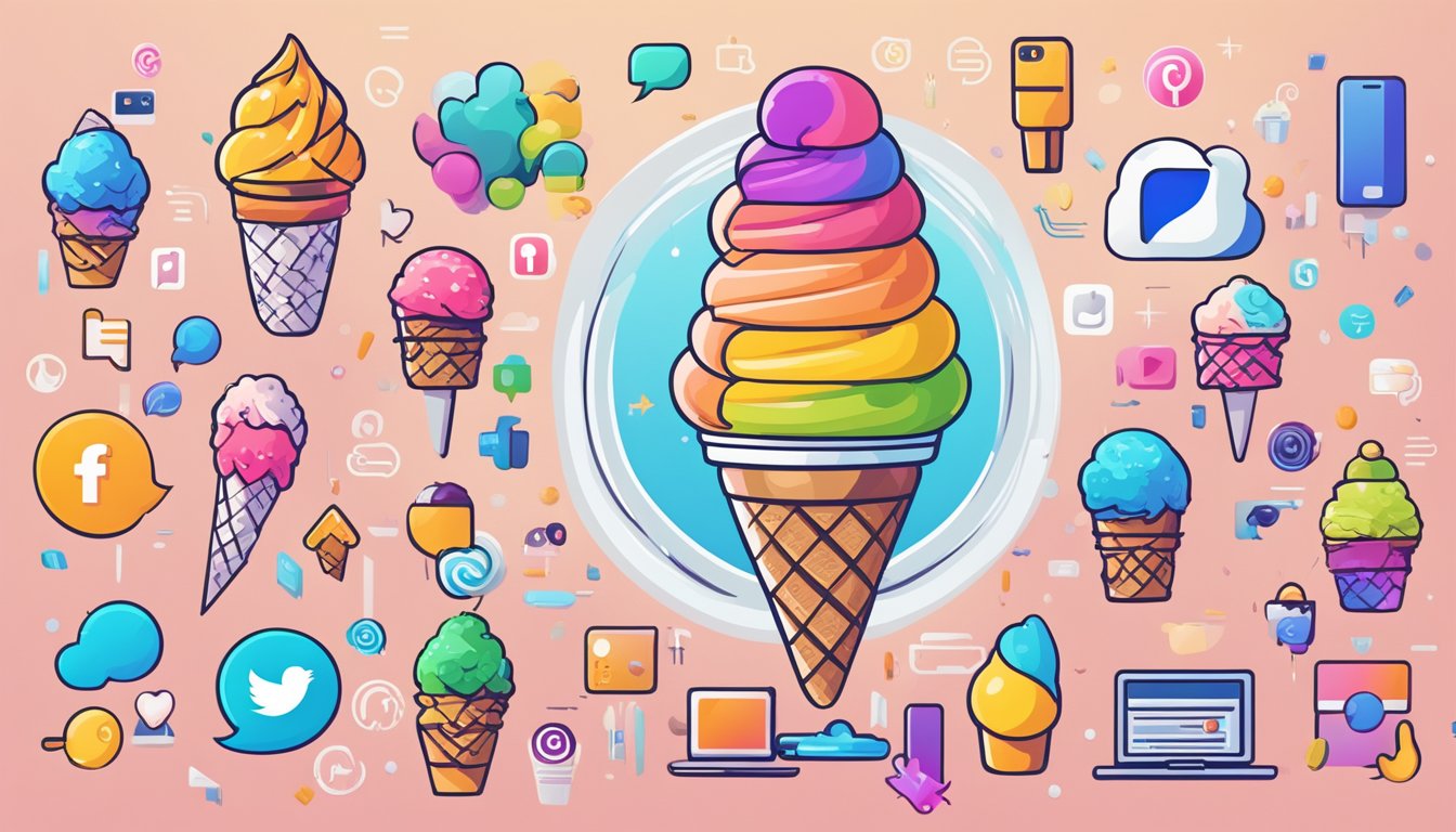 A colorful ice cream cone surrounded by digital icons representing various social media platforms