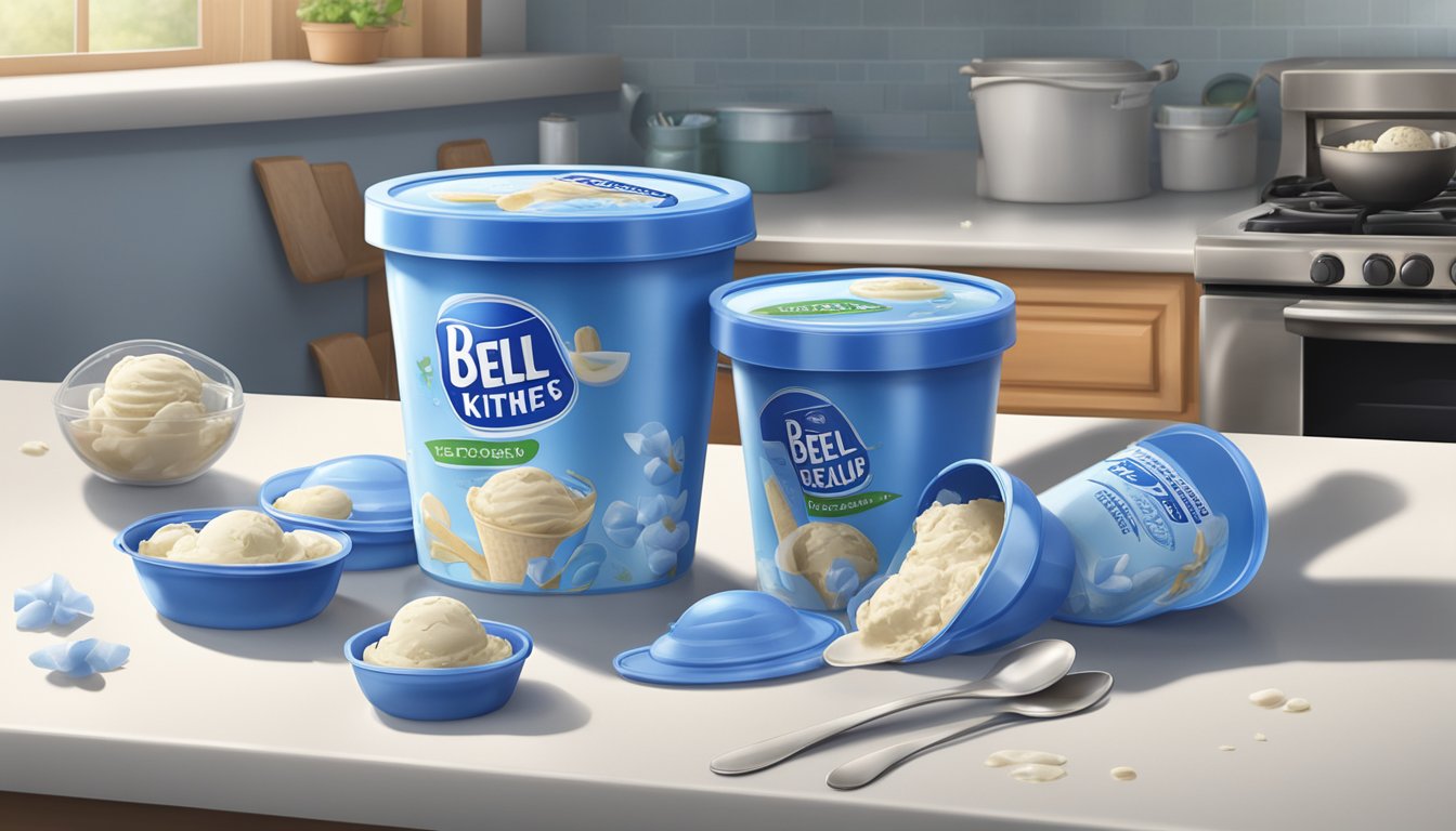 A spoon surrounded by empty Blue Bell ice cream containers, scattered on a kitchen counter