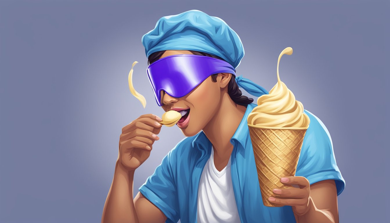 A person blindfolded, tasting Blue Bell ice cream with a blissful expression