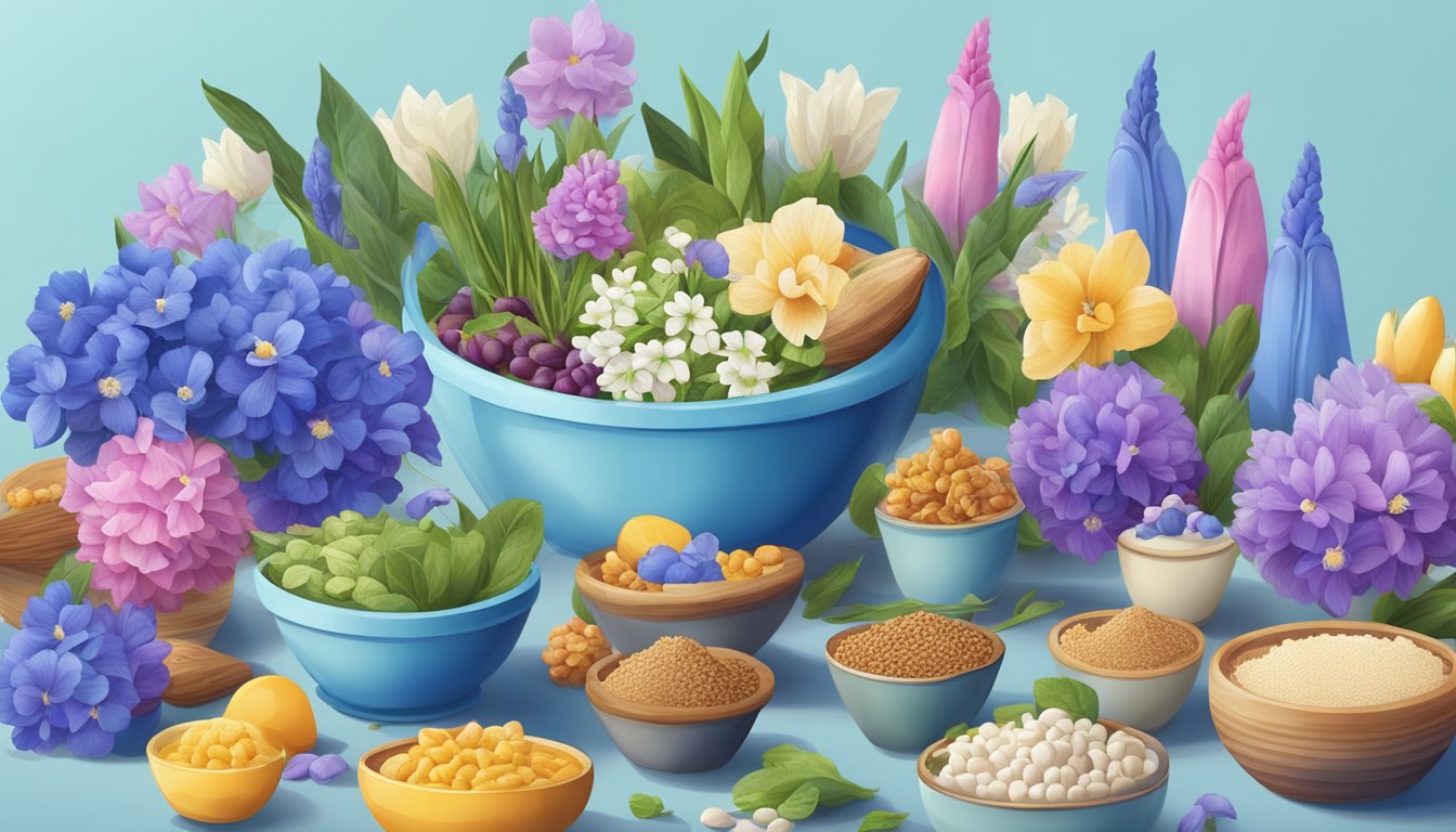 A colorful array of blue bell flowers and various ingredients arranged in a visually appealing manner, with a social media platform displayed in the background