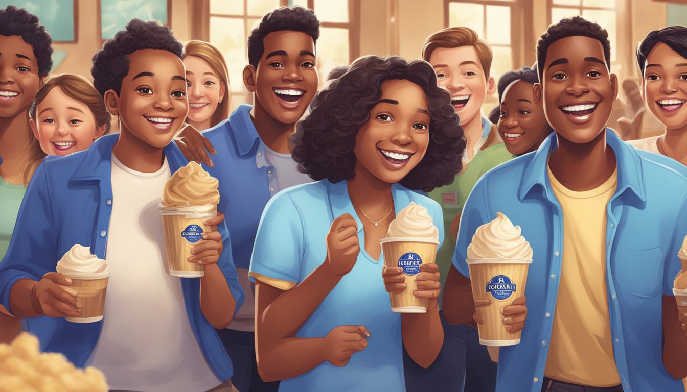 A group of people eagerly receiving pints of Blue Bell ice cream, with smiles on their faces and excitement in their eyes