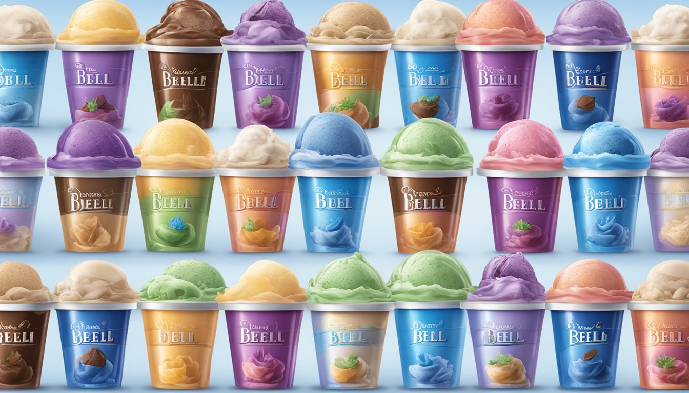 A colorful display of various Blue Bell ice cream flavors arranged in a tempting and enticing manner