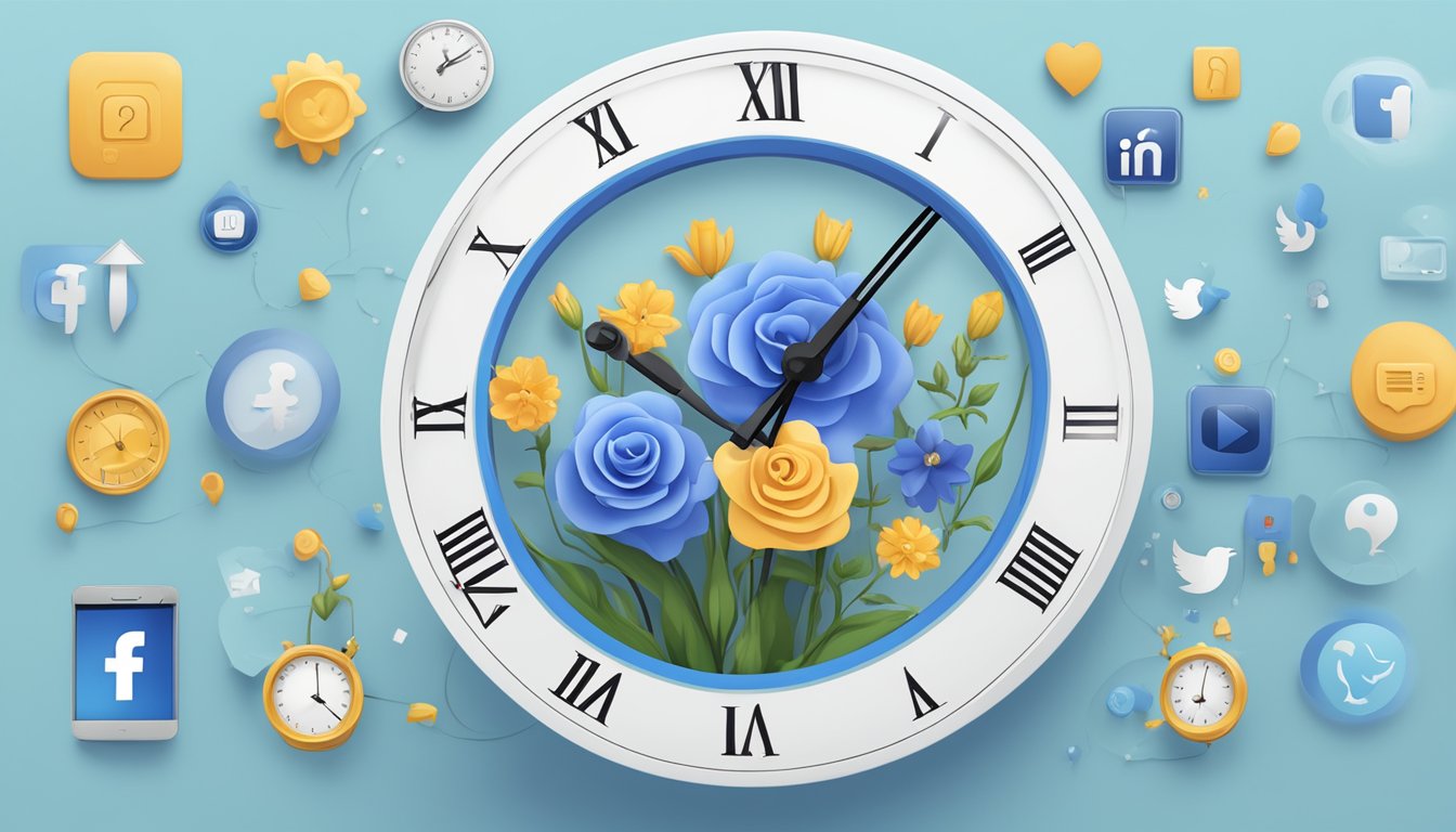 A blue bell flower blooming amidst a clock showing different times, surrounded by social media icons and engagement metrics