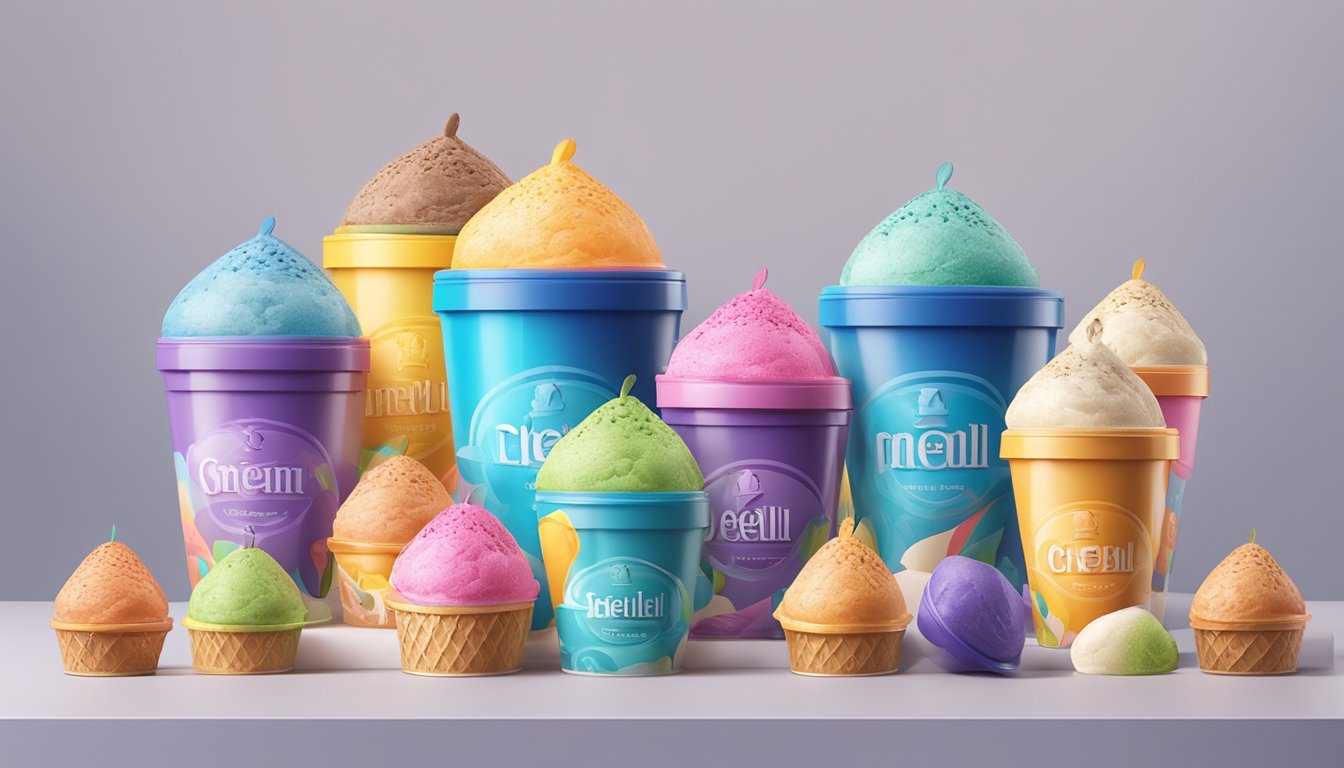 A colorful ice cream container surrounded by smaller containers in various designs, with a prominent blue bell logo