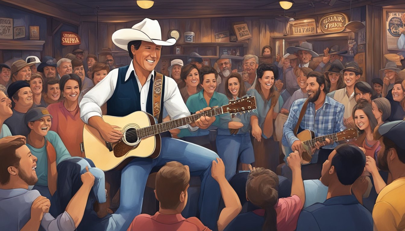 A young George Strait performs at a small honky-tonk bar, surrounded by enthusiastic fans and a lively band