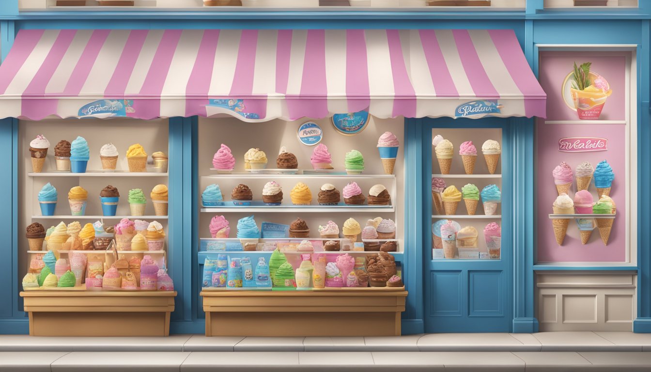 A colorful ice cream shop window display featuring Blue Bell products alongside other ice cream brands, with eye-catching marketing materials and logos