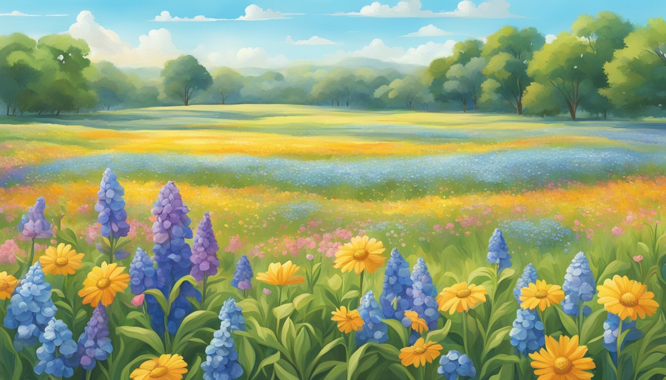 A sunny Texas day with a clear blue sky, a field of wildflowers, and a colorful array of Blue Bell ice cream flavors melting in the warm weather