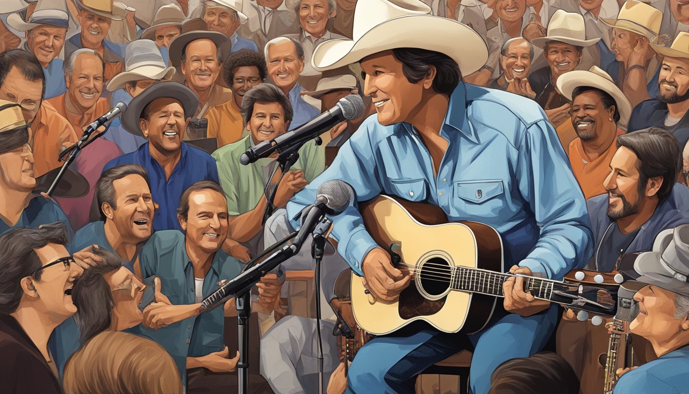 George Strait sitting on a stage, surrounded by microphones and instruments, engaging in lively conversation with other legendary musicians