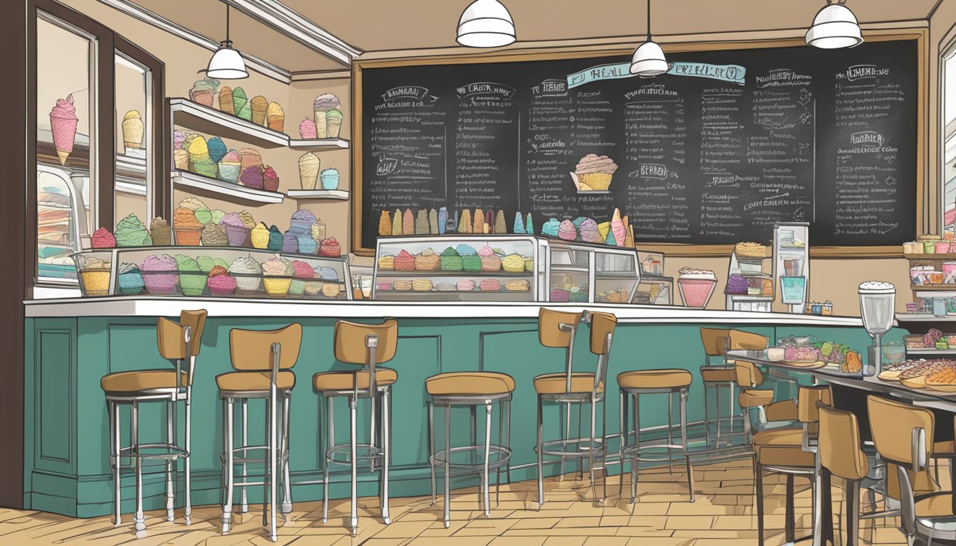 A bustling ice cream parlor with a chalkboard menu showcasing regional flavor offerings, while various ice cream brands are depicted in the background